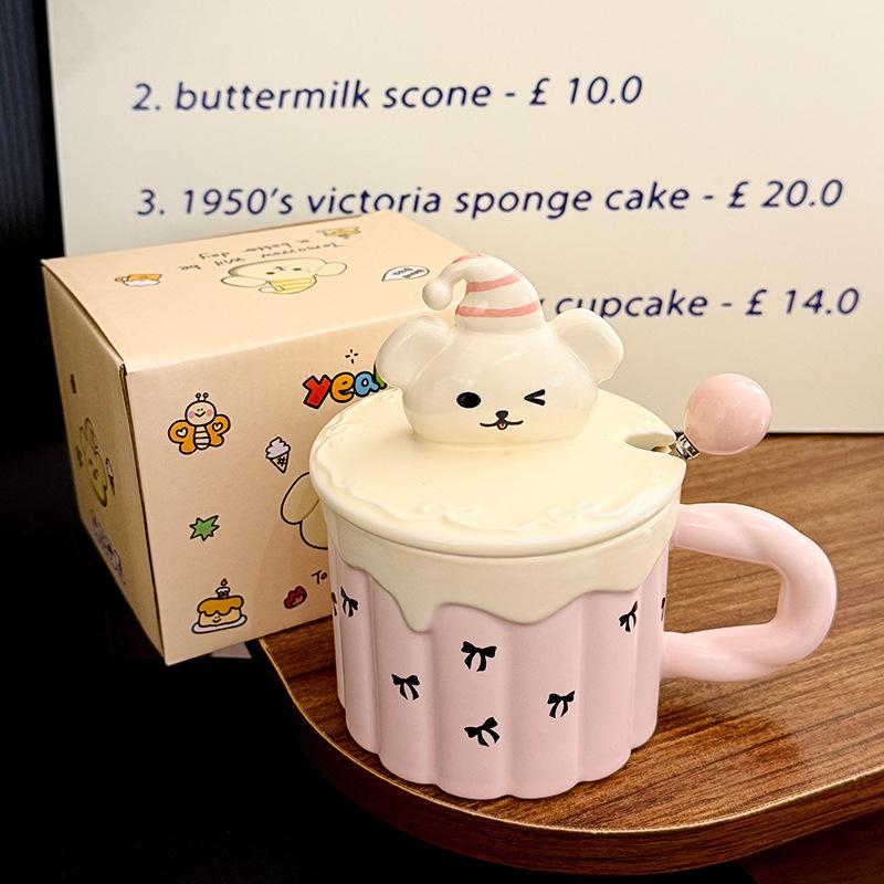 Cartoon Dreidimensionale Welpen Deckel Keramiktasse mit Löffel Niedliche Kinder Haushaltstasse Frühstück Milchbecher Souvenir