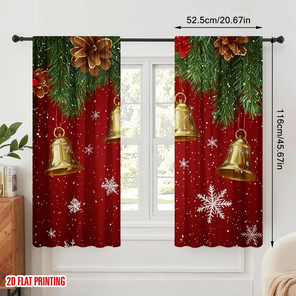 2pcs,2D Plane Printing Pattern Curtains Christmas Bells Snowflakes Holiday Durable 100% Polyester Fabric (without Rod) Versatile