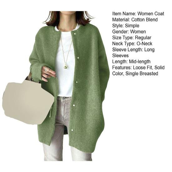 Women Coat Round Neck Long Sleeve Solid Color Knitting Outwear Solid Color