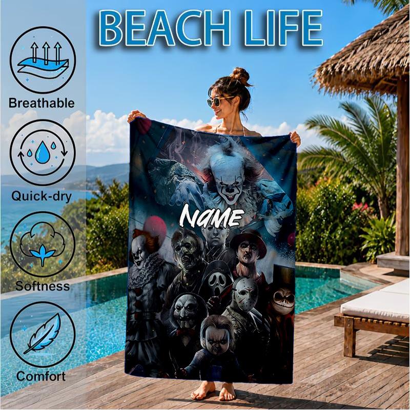 Custom Name Halloween Horror Christmas  Beach Towel Microfiber Beach Towel, Lightweight and Quick-Dry, for Summer Travel, Swimming Pool Gift