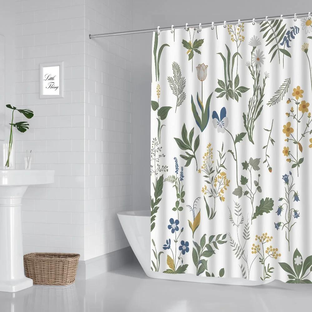 Waterproof Shower Curtain - Forest Green Plant & Flower Pattern, Digital Print, Ideal For Bathroom & Toilet Partitions
