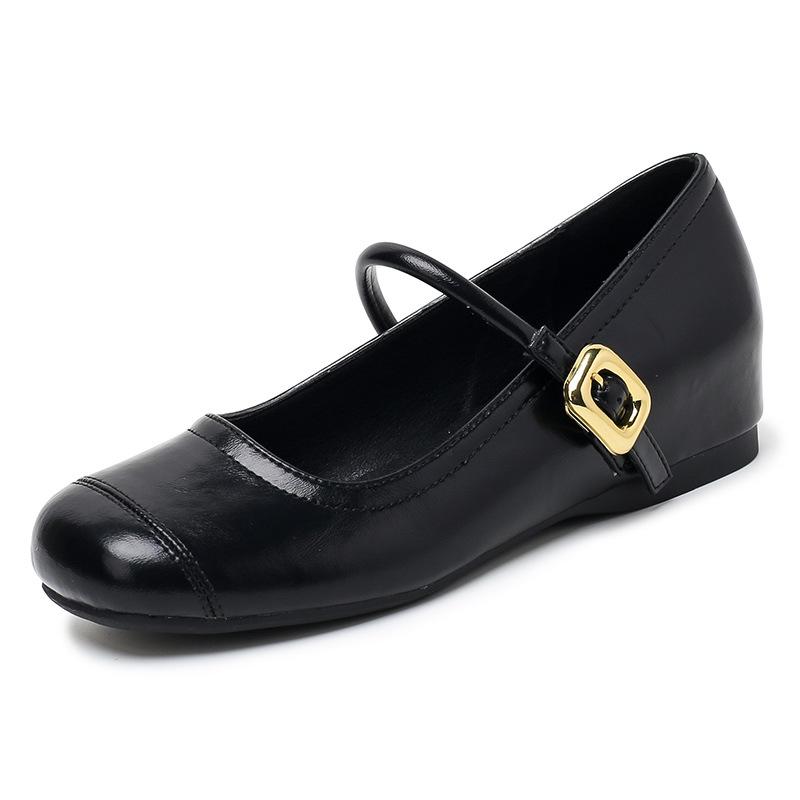 Small inner height increase French small fragrant ballet shoes one-word buckle with square head retro shallow mouth Mary Jane single shoes