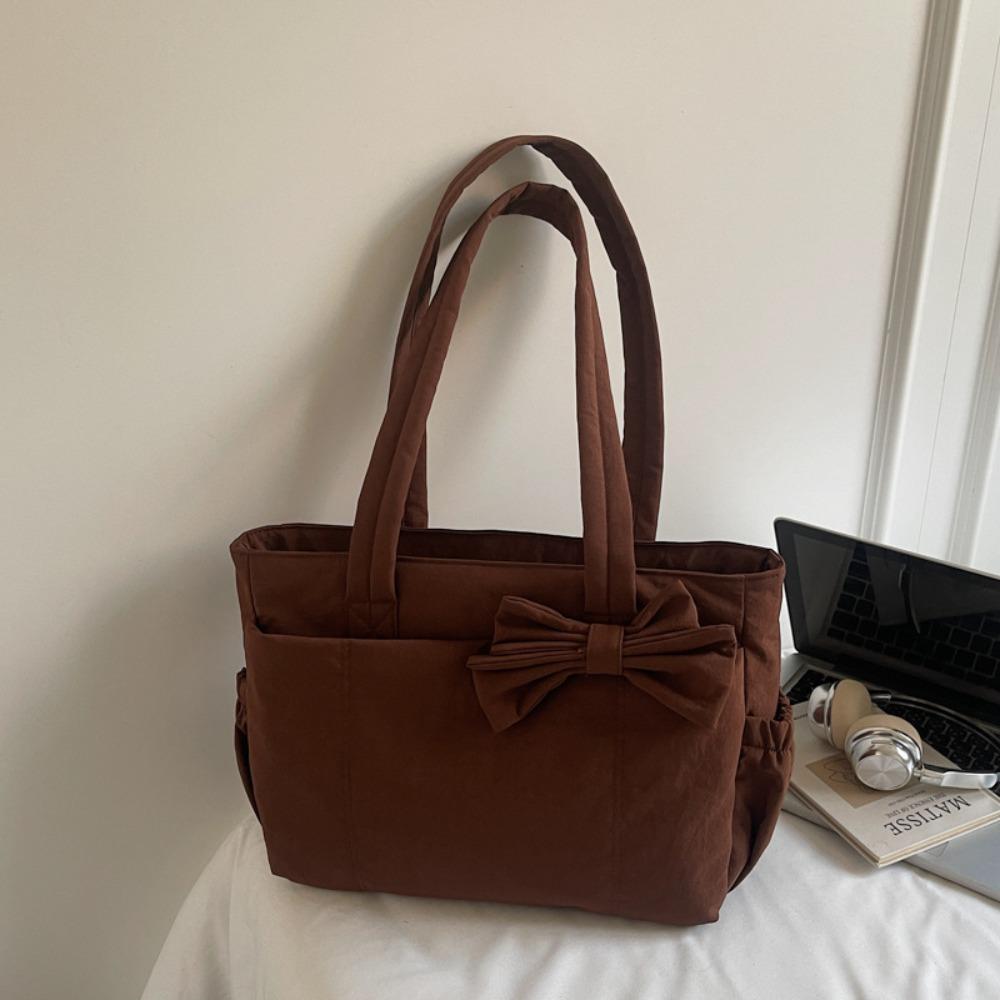 Large Capacity Cotton Padded Shoulder Bag Solid Color Nylon Handbag Bow Tote Bag  Travel Bag