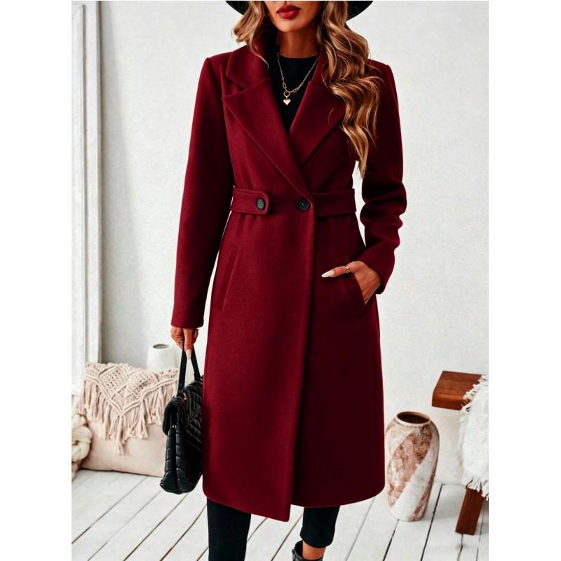 Womens Wool Blend Double-Breasted Long Coat