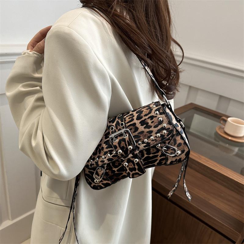 Street Style Leopard Print Leather Crossbody Bag With Metal Studs For Daily Use