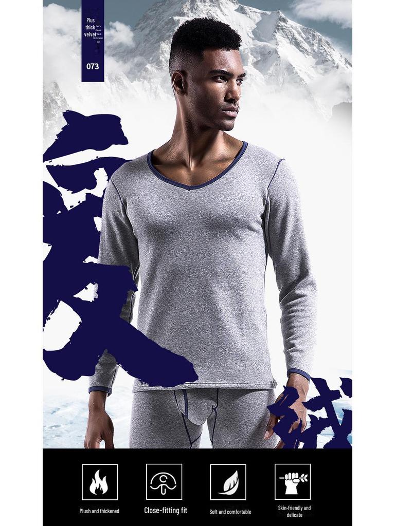Men's Thermal Low-Neck V-Neck Cotton Suit: Velvet-Lined Sweater & Pants for Autumn/Winter