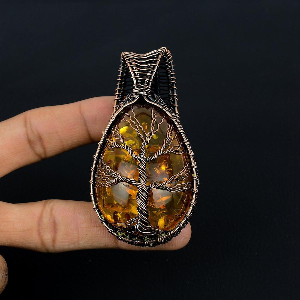 Baltic Amber Pendant, 999 Copper Wire Wrapped Gemstone Jewelry, Handmade Pendant For Mother Day