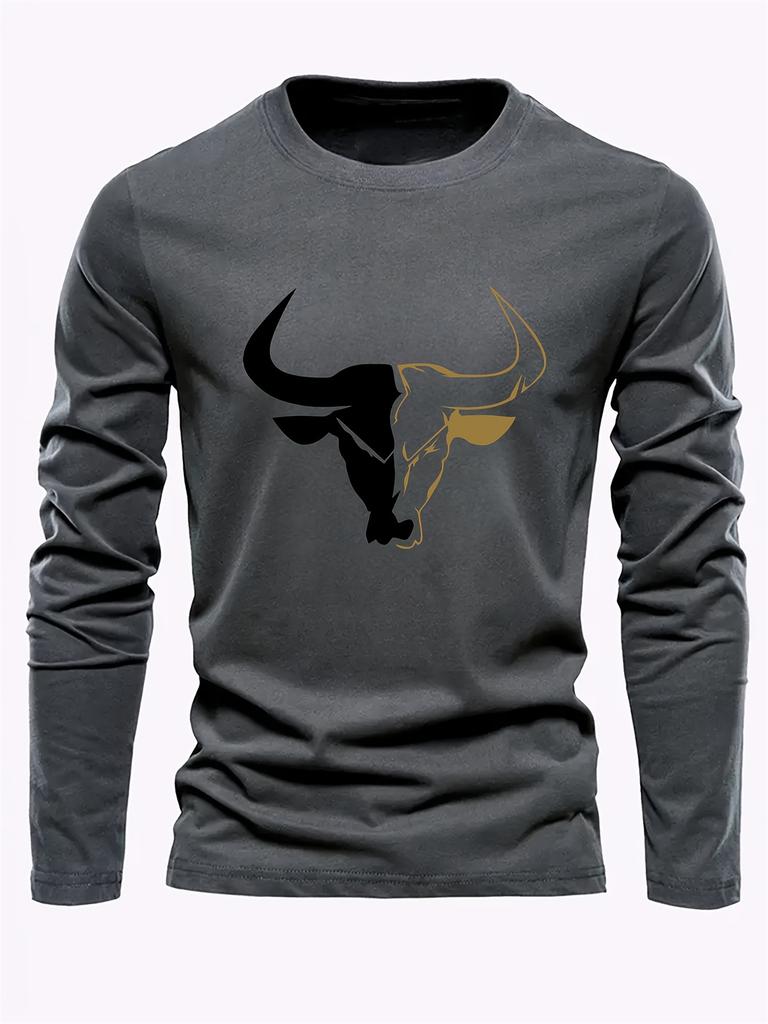 Men's Loose Fit Plus Size Comfortable Casual Sports Bull Pattern Printed Round Neck Long Sleeved T-shirt Top