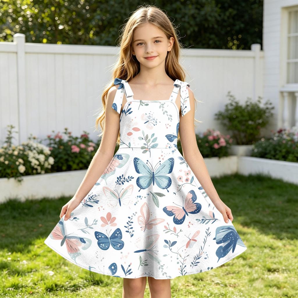 Girls Floral Print Sleeveless Strap Dress for Summer Casual Wear