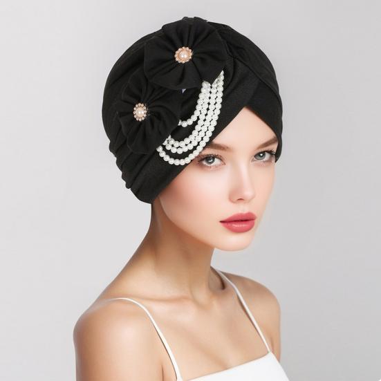 Women Headscarf Hat Imitation Pearls Flower Decor Turban Hat Solid Color Stretchable Fit Headband Sleep Hat