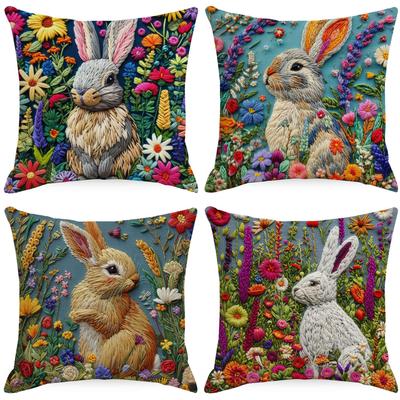 Neuer Frühling Imitierte Stickerei Floral Hase Kissenbezug Leinen Bedruckt Heim Kissenbezug
