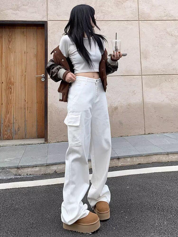 

Женские белые джинсы с высокой посадкой и широкими штанинами - Модные брюки карго свободного кроя S белый