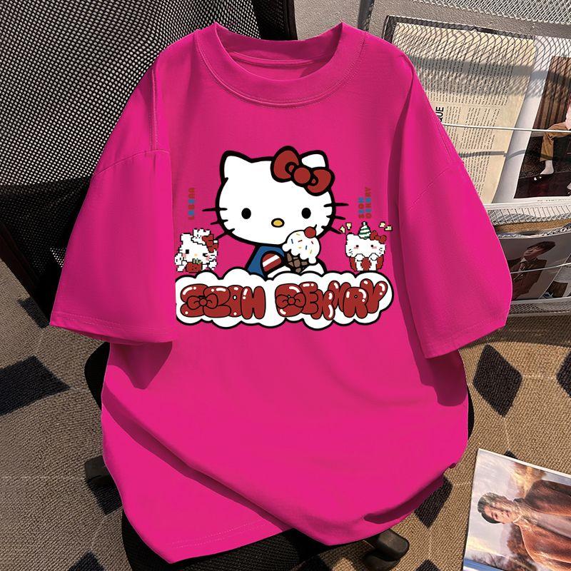 

Cute KT Cat Print ShortSleeved TShirt for Women 2026 Summer New Style Casual Roundneck Cotton Top S