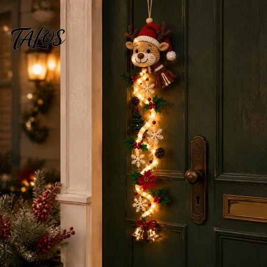 Unique Housewarming Gift for Her Glowing Christmas Door Hanger, Crochet Spiral Ornament with LED Lights, Snowman Santa Reindeer Snowflake Xmas Mantel