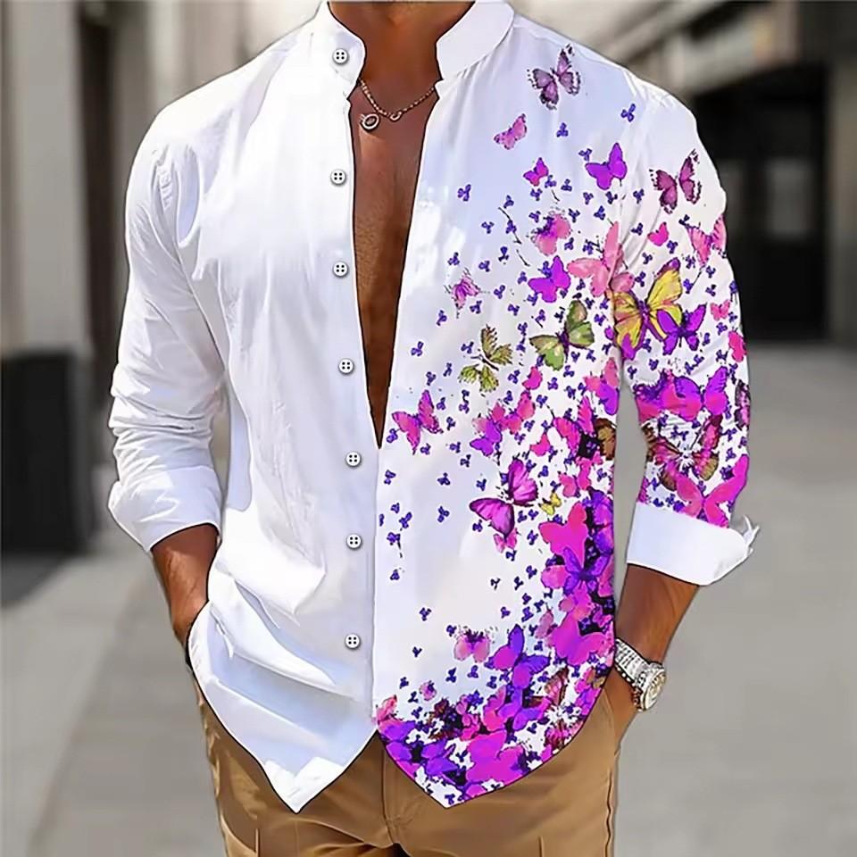 Herren Langarmhemd Polyester Umlegekragen Schmetterling Blumenprint