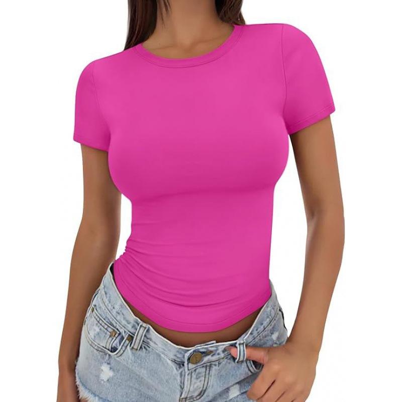 Kadın Tişörtleri Kısa Kollu Seksi Dar Kesim Üst Şekillendirici Sıkı Düz Renk Crop-Top Şık Tişört Yuvarlak Yaka Gömlek Nefes Alabilir