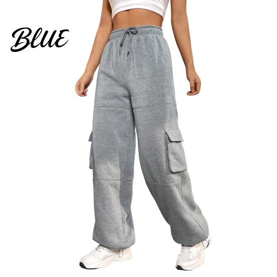 Loose Leg Trousers Women Cargo Pants Elastic High Waist Adjustable Drawstring Long Wide-leg with Multi Pockets Wide Design Solid Color Casual