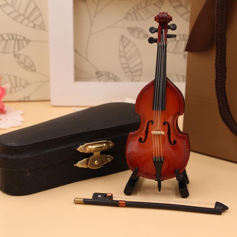 Wooden Miniature Electric Guitar Bass w/ Stand & Case Mini Musical Instrument Miniature Dollhouse Model Birthday Present