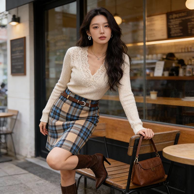 

Fei Yuan Women s Plaid Midi Skirt with Belt - Wool Blend, Versatile, Autumn/Winter Fashion, Hip-Hugging Pencil Design Medium синій