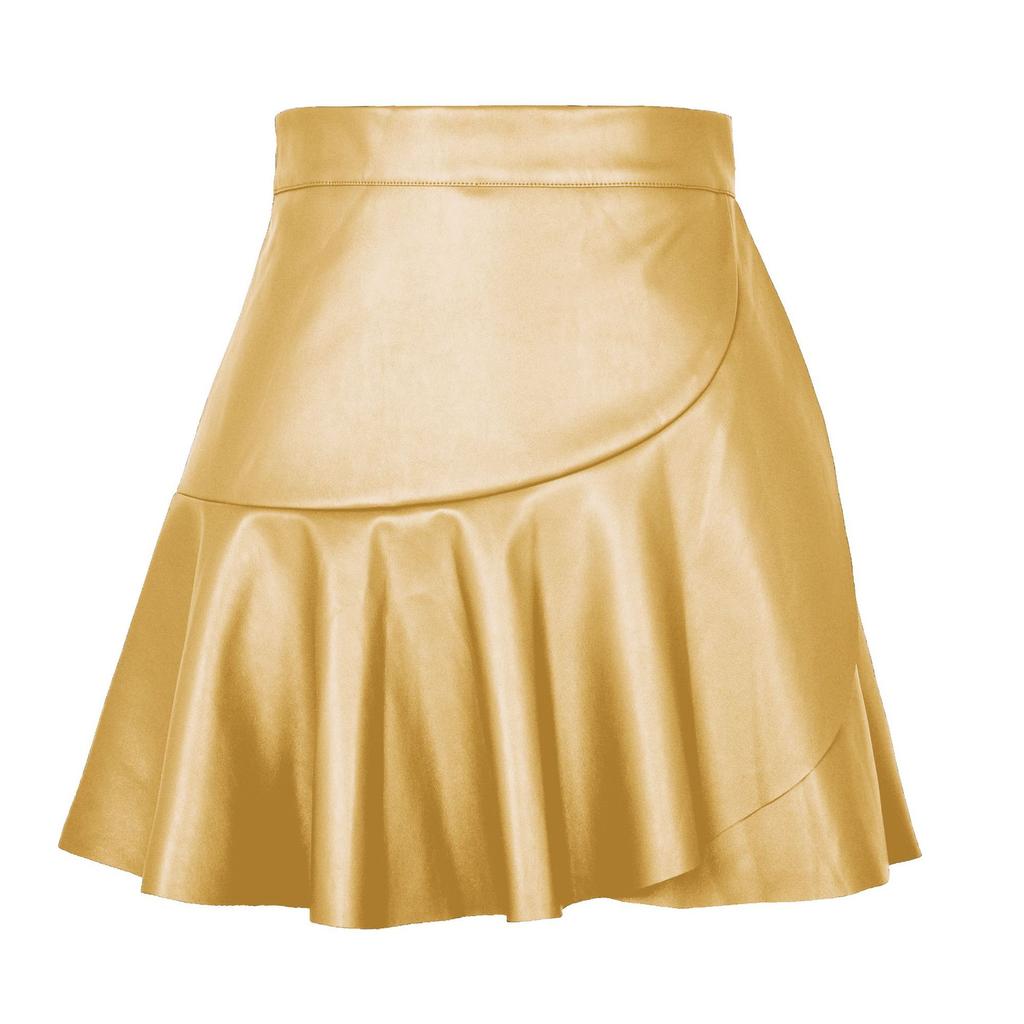 Women High Waist Bodycon PU Leather Skirts Office Ladies Bandage Ruffles Mini Skirt