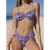 Women's Summer Bikini Set Floral Print Round Ring Decor Lace Up Bra with Low Waist Shorts 2 Pcs Swimsuit