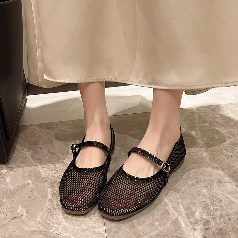 Fashion Mesh Mary Jane Shoes for Women 2024 Spring New Niche Round Toe Shallow Mouth Flat Ballet Shoes  Women Sandals