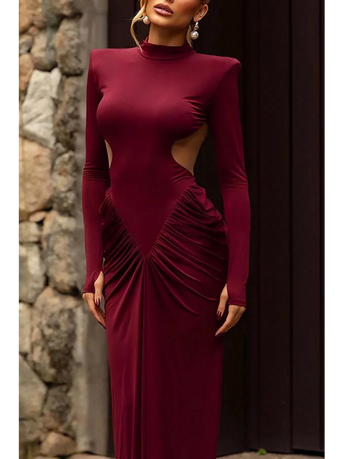 2026 Spring Slim Fit Backless Pleated Long Dress - Pure Color, Long Sleeve, Elegant Women's Clothing