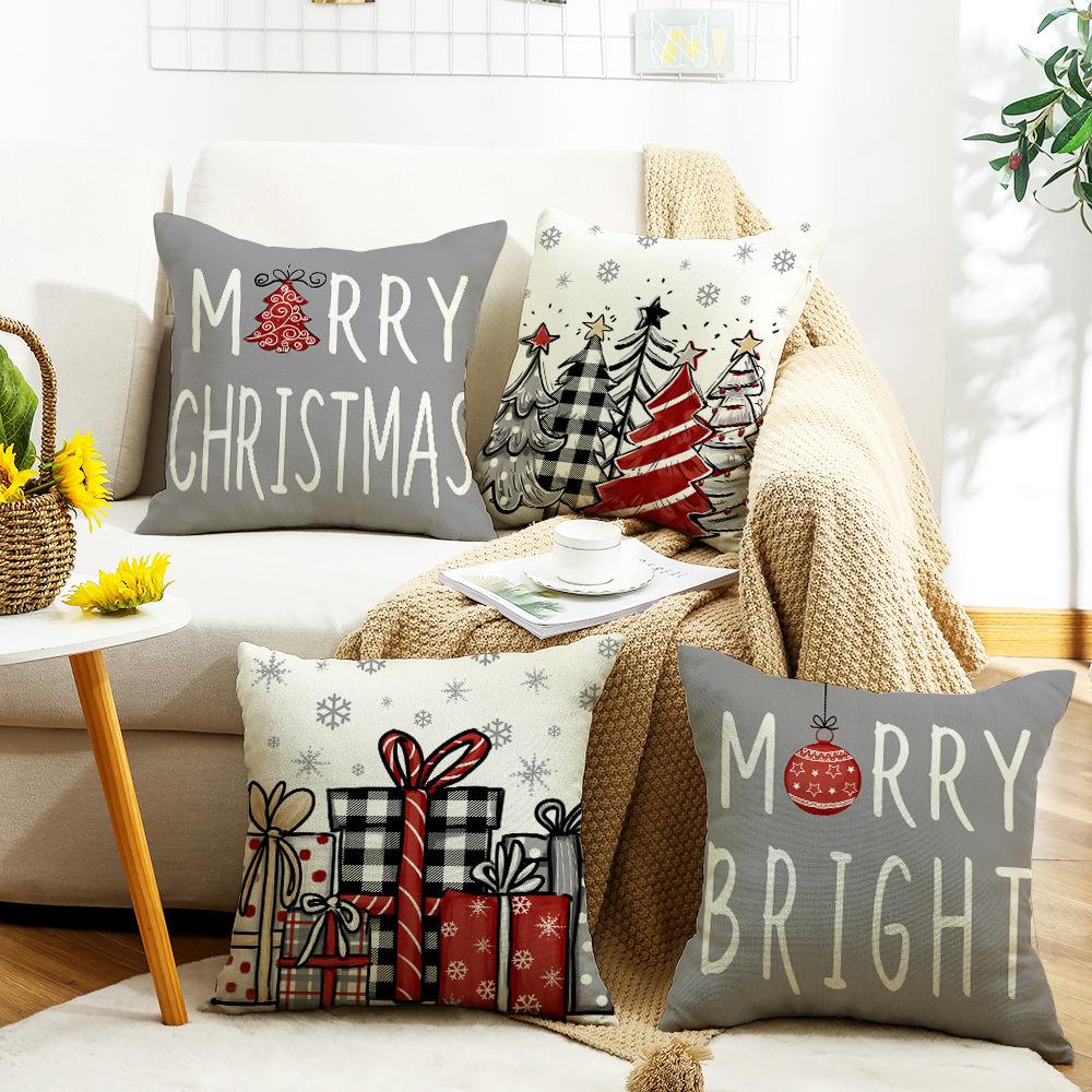 Gray Christmas Tree Christmas Throw Pillow Cover Linen Letter Print Holiday Decoration Living Room Sofa Cushion Cover Pillow