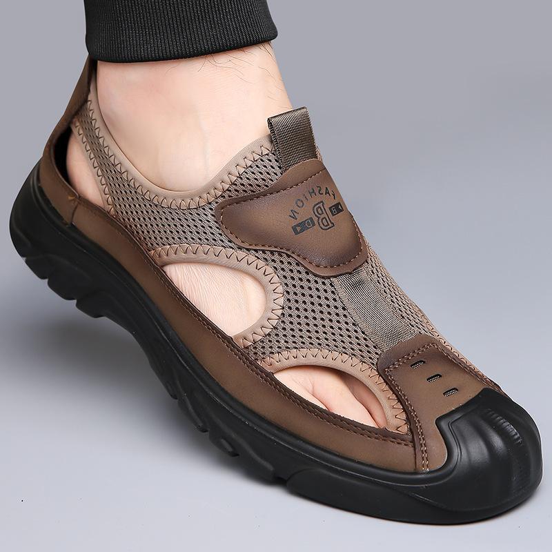 Summer New Men's Daily Casual Leather Shoes Men's Handmade Online Mesh Breathable Bag Head Sandals Men