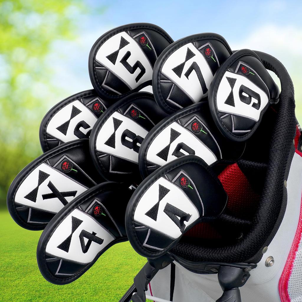 Golf Iron Covers, Magnetic Wedge Covers, Club Headcovers, Set of 9 (4-9, P, A, X), Black & White Synthetic Leather, The Golf Father
