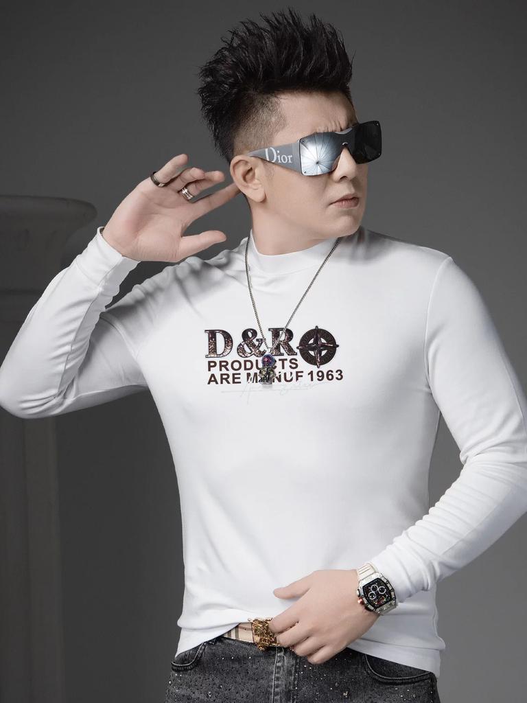 European Long-Sleeve T-Shirt for Men 2025 Autumn New Half-Turtleneck Top Men's Trendy Printed Rhinestone Base Shirt