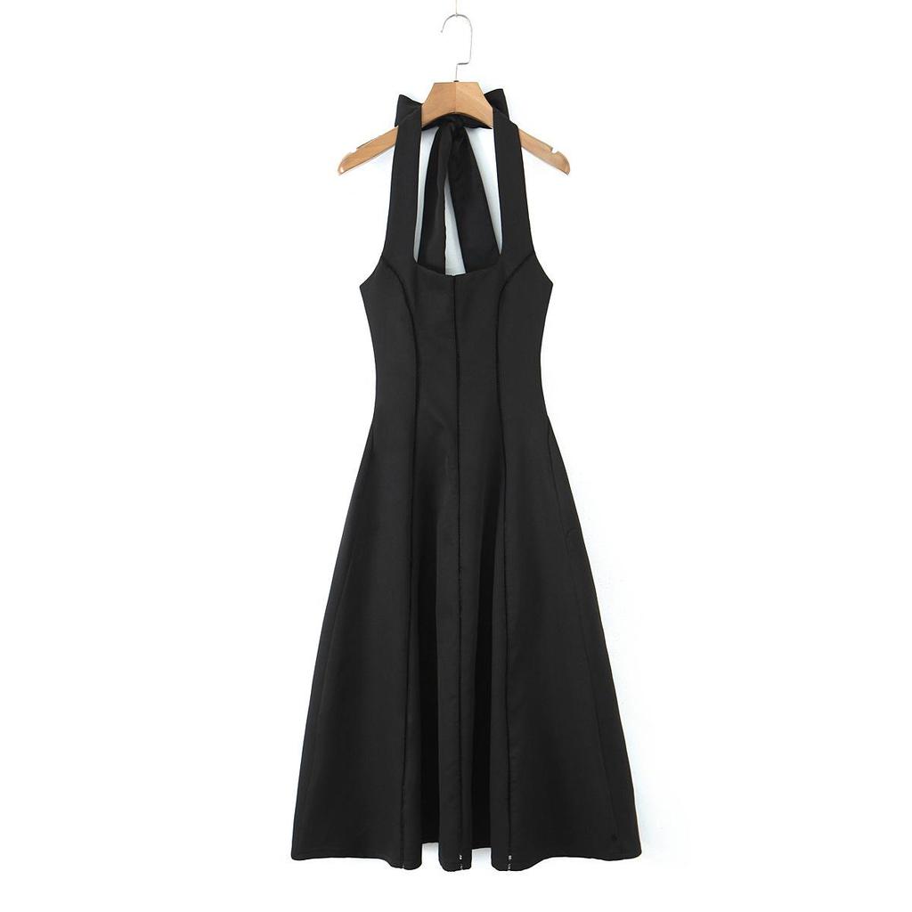 2025 European & American Style Black Halter Square Neck Sleeveless Retro Dress