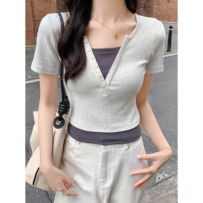 

Футболка с короткими рукавами, летние женские узкие топы с v-образным вырезом XL серый