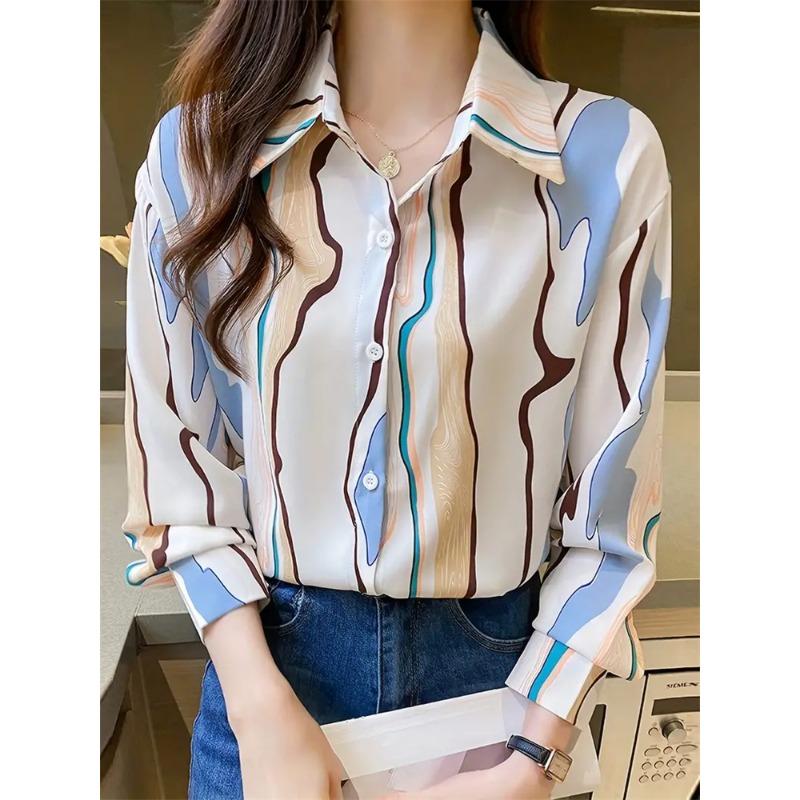 Elegant Black Striped Printed Long-sleeved Shirt For Women Fashion Lapel Button-down Shirt Temperament Office Cardigan