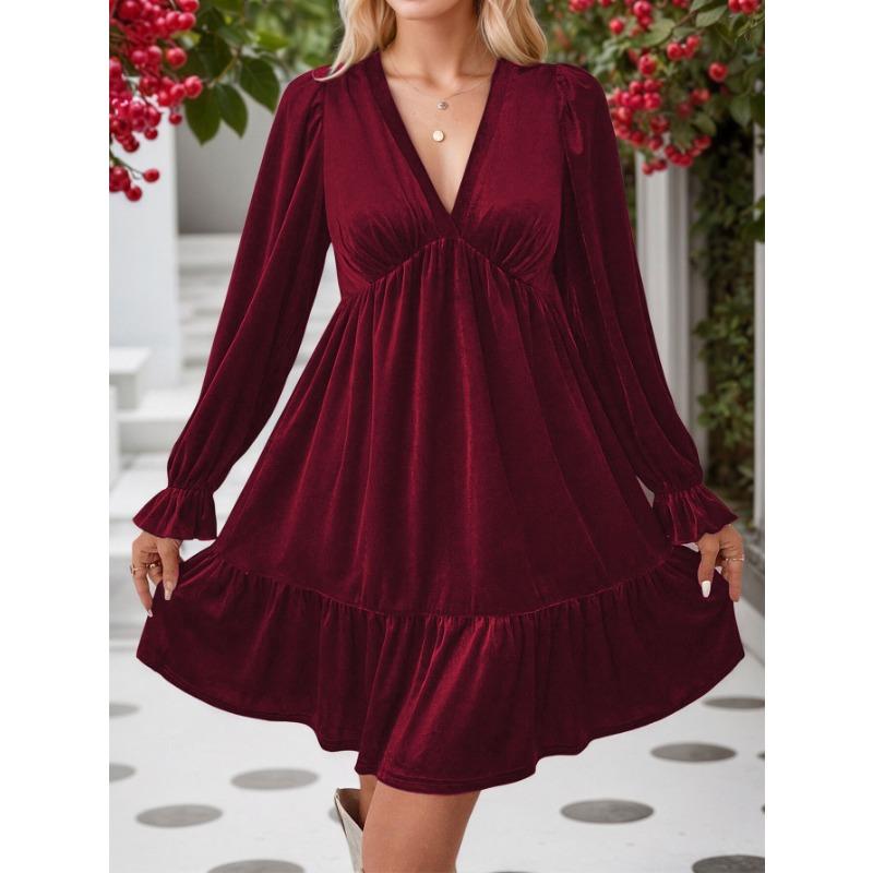 Women Elegant Velvet V Neck Long Sleeve High Waist A Line Short Dress
