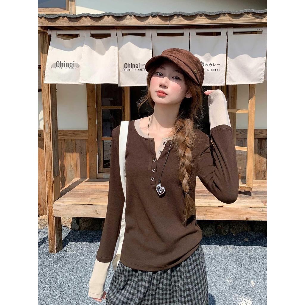 Women's Brushed Half-Button Solid Color Layered Long Sleeve Top - Autumn/Winter Korean Style
