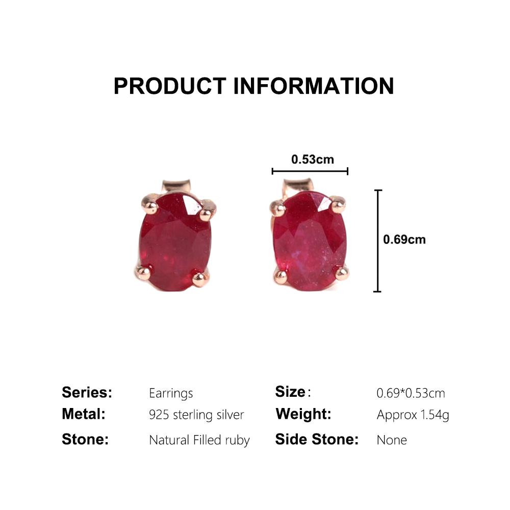 Simple Design 925 Sterling Silver Stud Earrings Natural Filled Ruby Oval 5*7mm Real Gemstones Fine Jewelry for Women's Birthday Gift