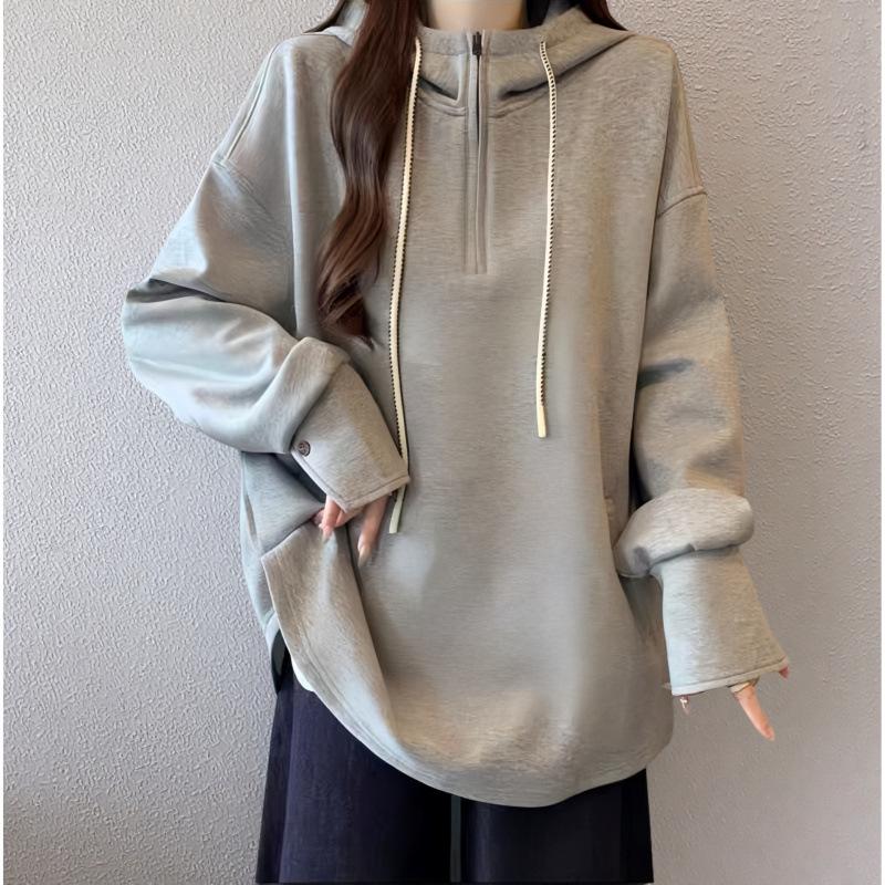 

Women s Fleece-Lined Thick Hooded Sweatshirt: Autumn/Winter Warm, Half-Zip, Loose Fit, Regular Shoulder, Long Sleeve 2XL (Recommended for 150-170 jin)