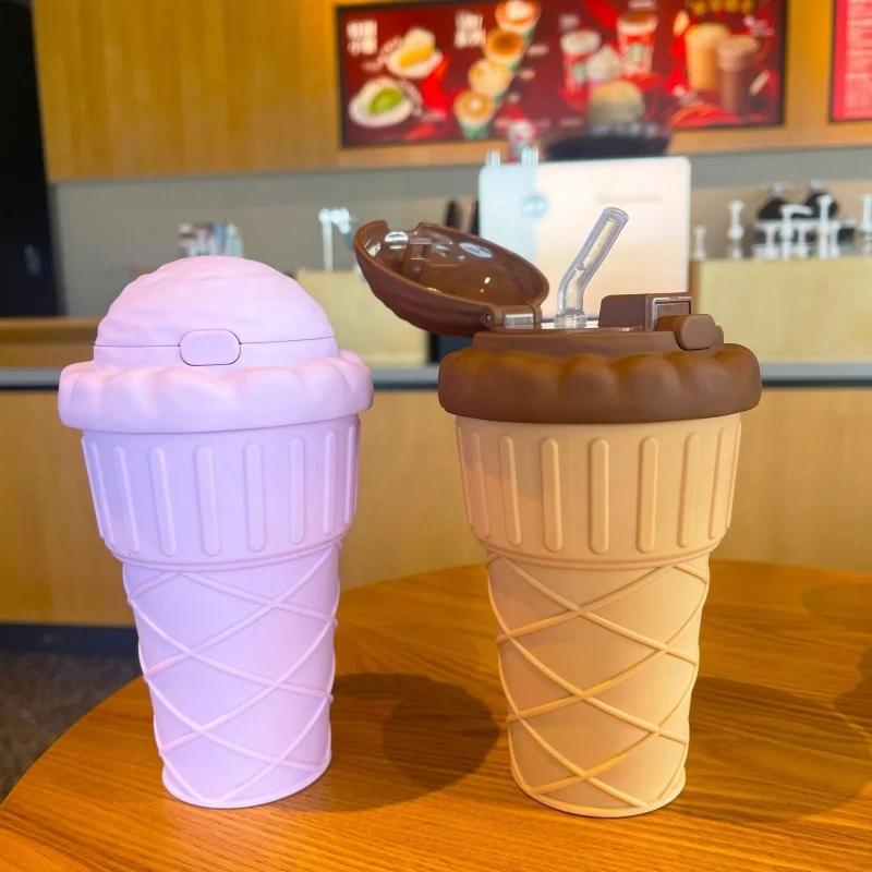 500ML Drinking Cup with Straw Ice Cream Shape Drinking Water Bottle Leakproof Cute Water Bottles with Adjustable Strap Air Up