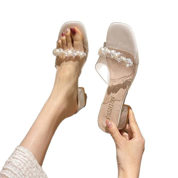 New French thick-heeled slippers summer wear medium-heeled low-heeled temperament crystal high-heeled sandals