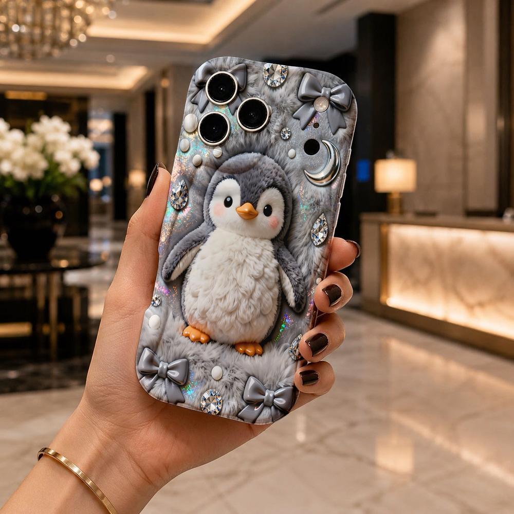 Cute Penguin Bow Rhinestone Pearl Wavy Edge Phone Case For iPhone 17 16 15 14 13 12 11 8 7 Plus Pro Max Bling Soft Cover