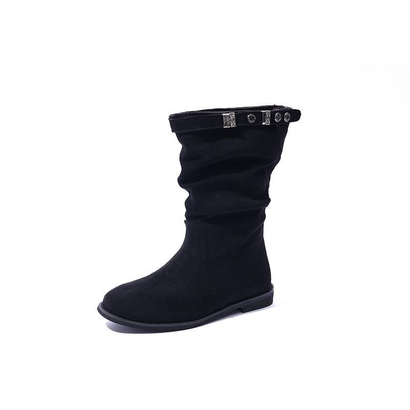 

~ Niche retro buckle with western round head stacking boots women s flat thick heel knight boots short boots women 40 чёрный