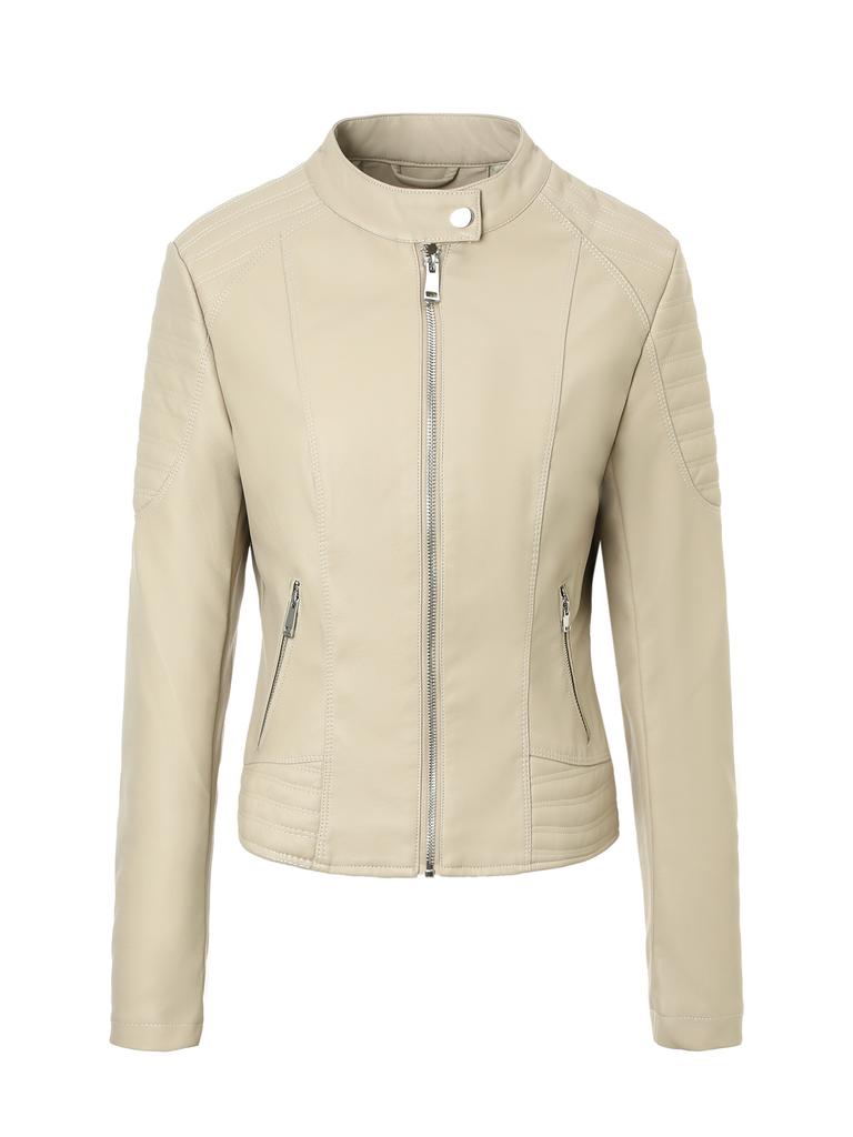 Women's PU locomotive leather jacket stand-up collar zipper placket shoulder hem quilted slim fit short spring autumn and winter short slim fit