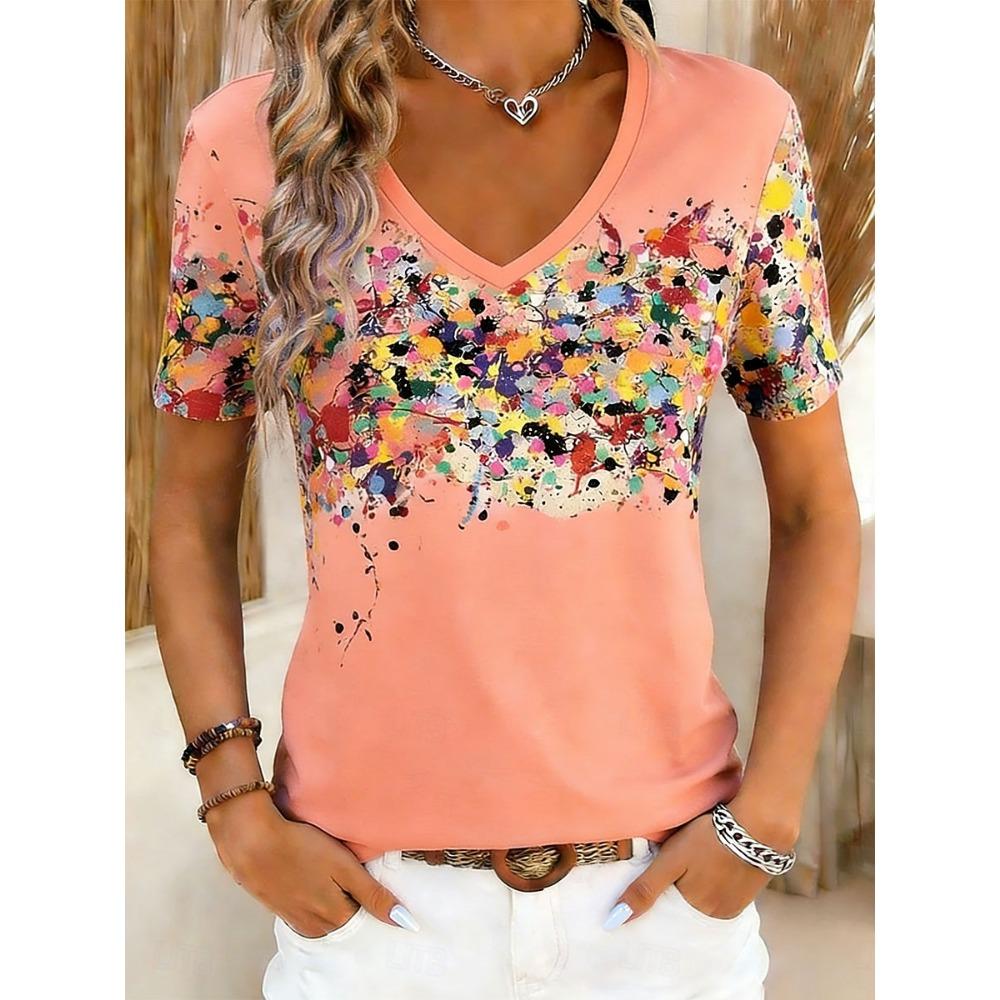 Whimsical Vibrant Splatter Print Casual T Shirt V Neck Short Sleeve Tee For