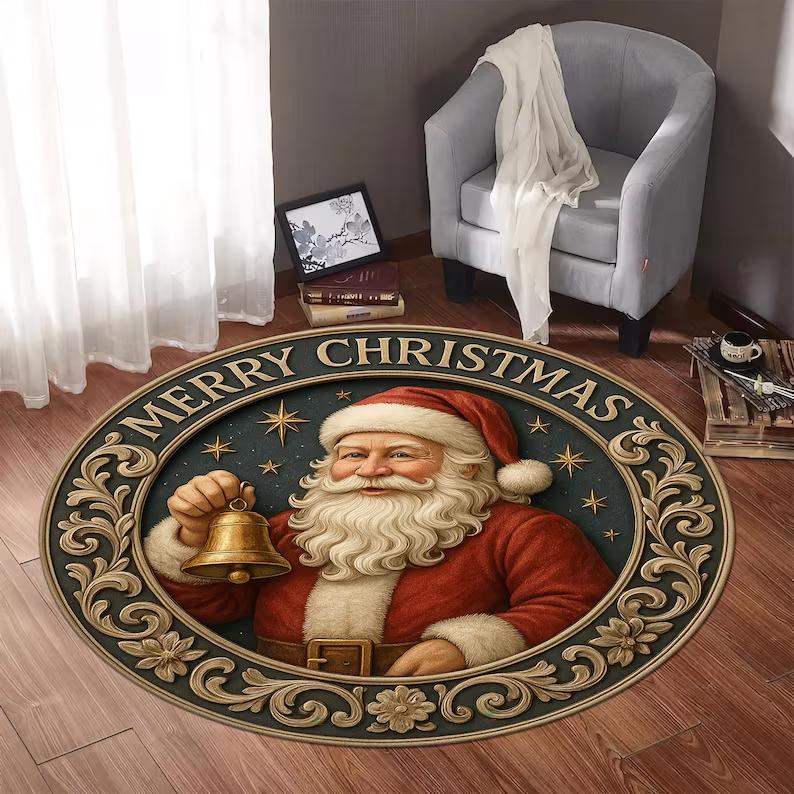 Weihnachtsmann Spielzeug Geschenke Weihnachts-Teppich 3D Optische Illusion Runder Teppich Festliche Feiertagsdekoration Santa-Teppich für Kinderzimmer Winter Zuhause