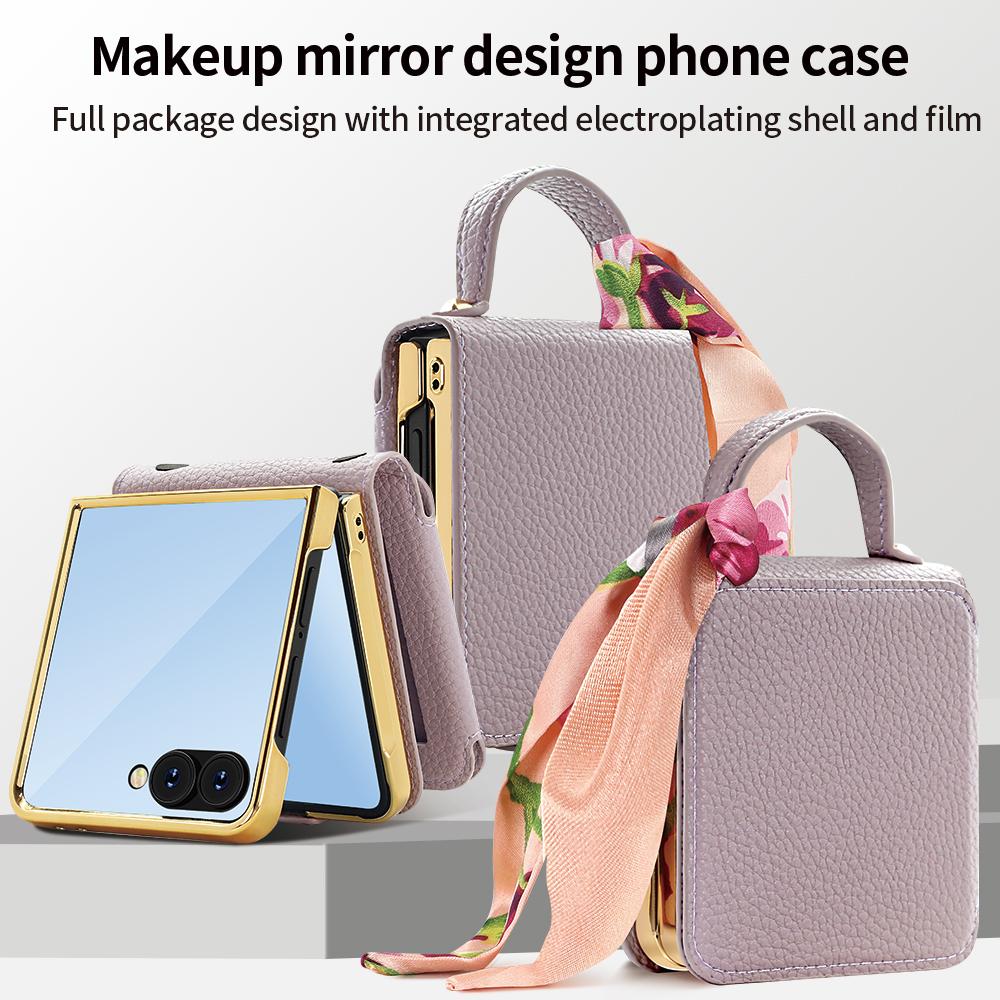 VIETAO Compatible For Galaxy Z Flip 7/6/5/4/3 Case With Makeup Mirror Ribbon Hand Strap Plating PU Leather Phone Case for Women