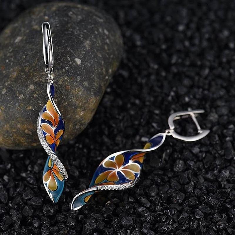 Kreative Spiralblatt Emaille Cloisonné Blume Lange Anhänger Ohrringe