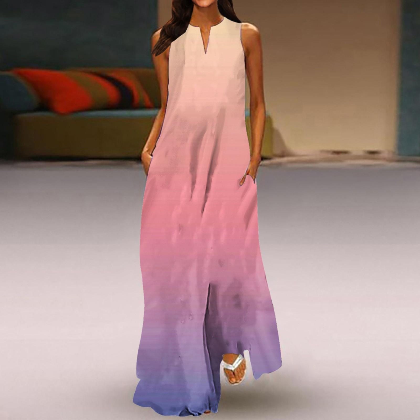 

Women s New Spring And Summer Fashion V-neck Color Printing Sleeveless Long Dress M розовый