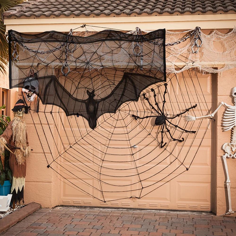 1Pc Halloween Lace Curtain Black Bat Spider Tablecloth Fireplace Mantel Scarf Cover Halloween Home Room Cobweb Horror Decoration
