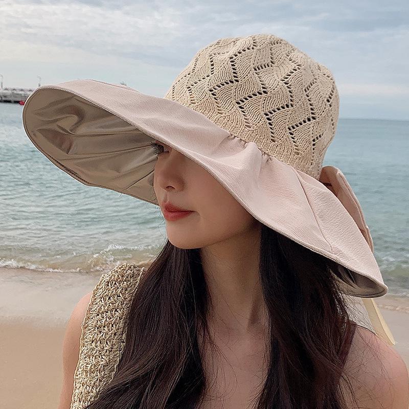Women's Sun Hat Fisherman's Spring Summer Sunscreen Big Brim Bucket Edge Sun With Windproof Tether Black